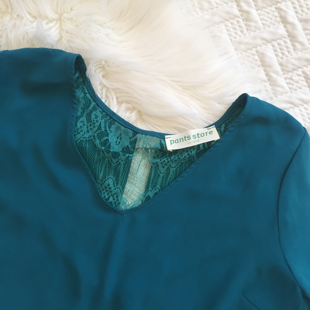 {Pants Store} Silky Blue Top with Peek Lace Back - Picture 2 of 7